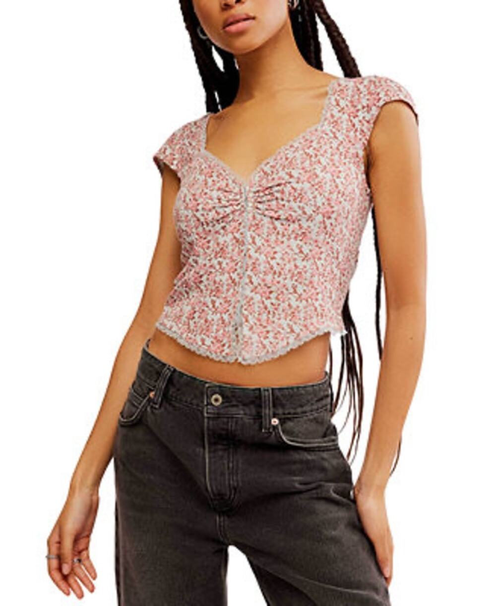 Free People Faye Floral‑Print Ruched Top Women’s Size M – Boho Peasant Style